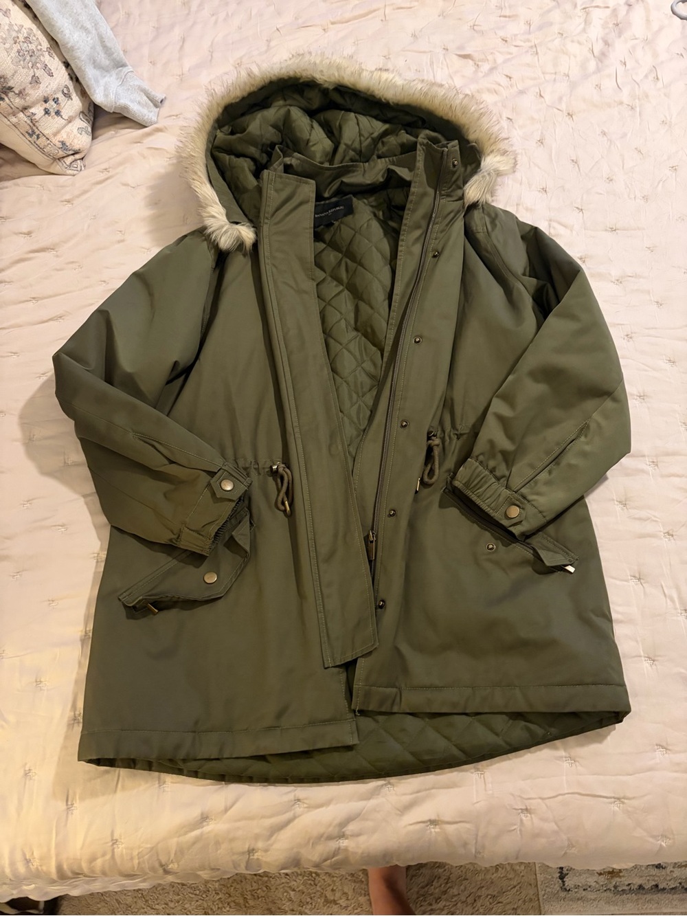 Banana Republic Factory Olive Hooded Quilted Parka with Faux Fur Trim